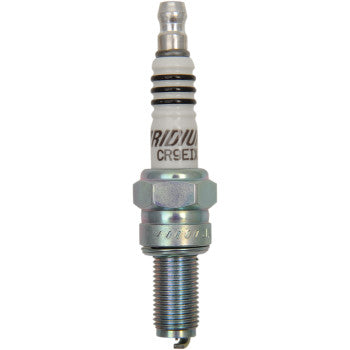 NGK Spark Plugs Iridium IX spark plug showing the metal tip and ceramic insulator for automotive engine use.