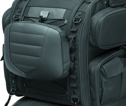 Kuryakyn removable luggage backrest pad attached to XKursion and Momentum motorcycle seats, providing comfort and support.