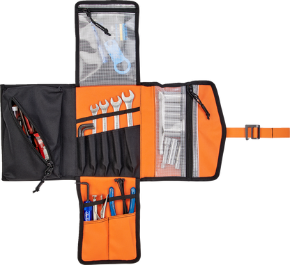 Black BILTWELL EXFIL-0 2.0 Tool Roll with body images, showcasing durable fabric and multiple compartments for tools.