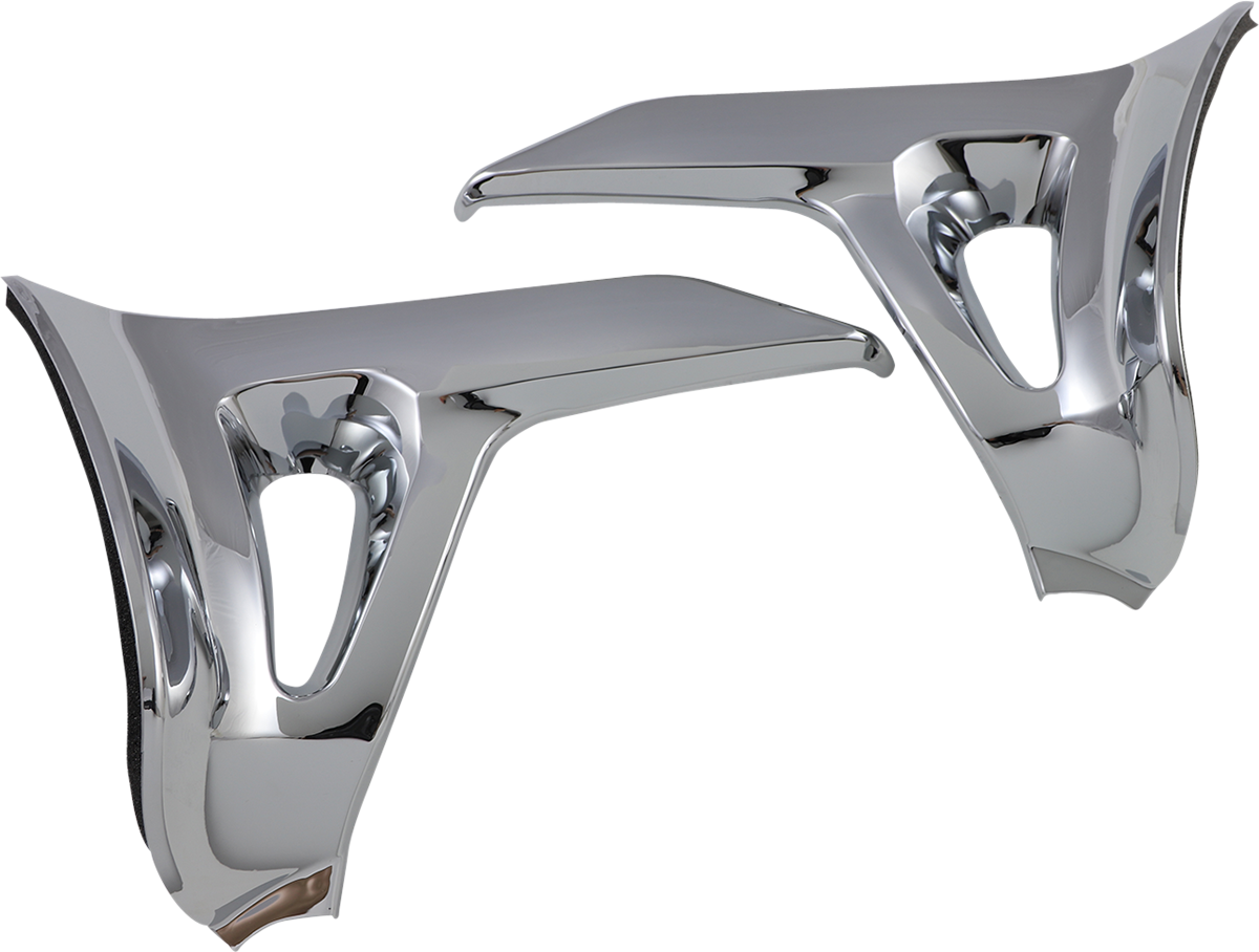Chrome battery side cover trim for engine by Bill's Exhausts, showcasing its shiny, reflective chrome finish and sleek design.
