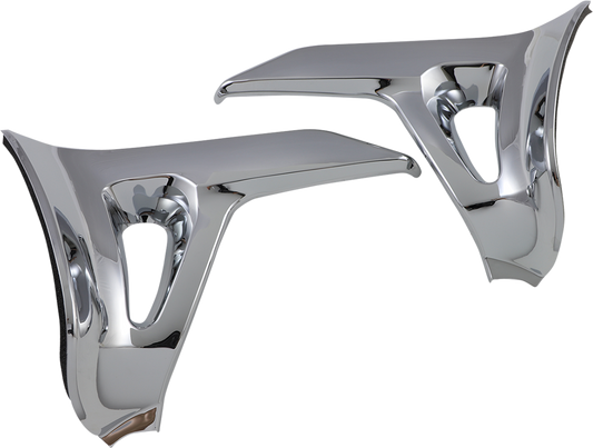 Chrome battery side cover trim for engine by Bill's Exhausts, showcasing its shiny, reflective chrome finish and sleek design.