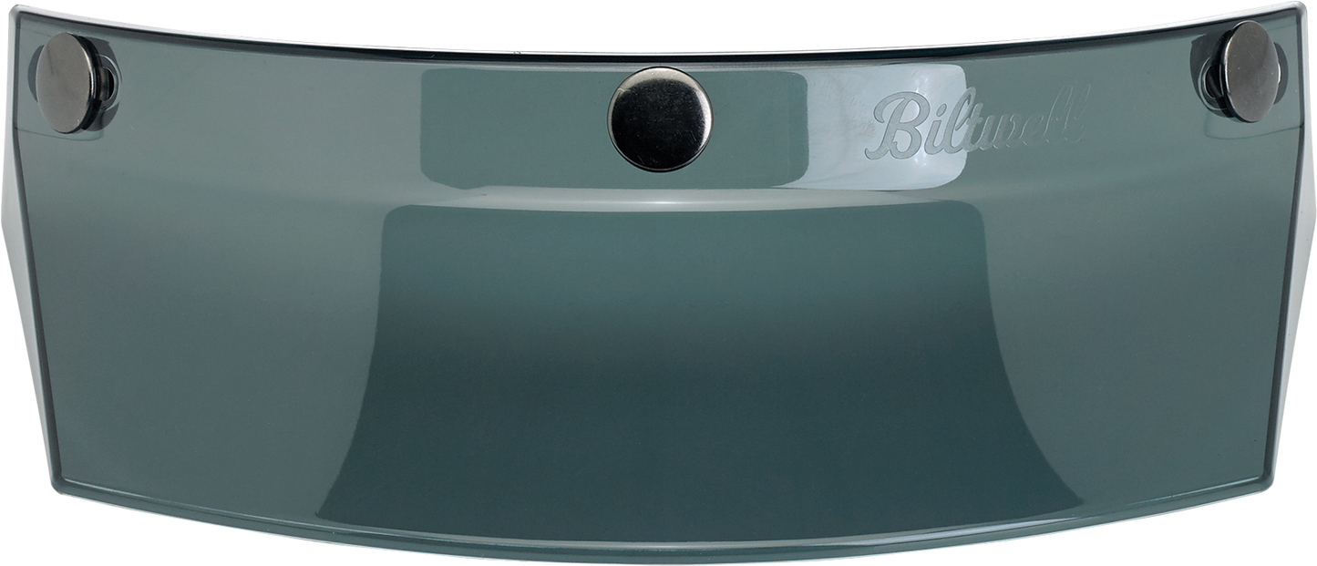 BILTWELL Moto 3-Snap Visor Smoke for helmets, featuring dark tinted shield and snap attachment, compatible with motorcycle helmets.