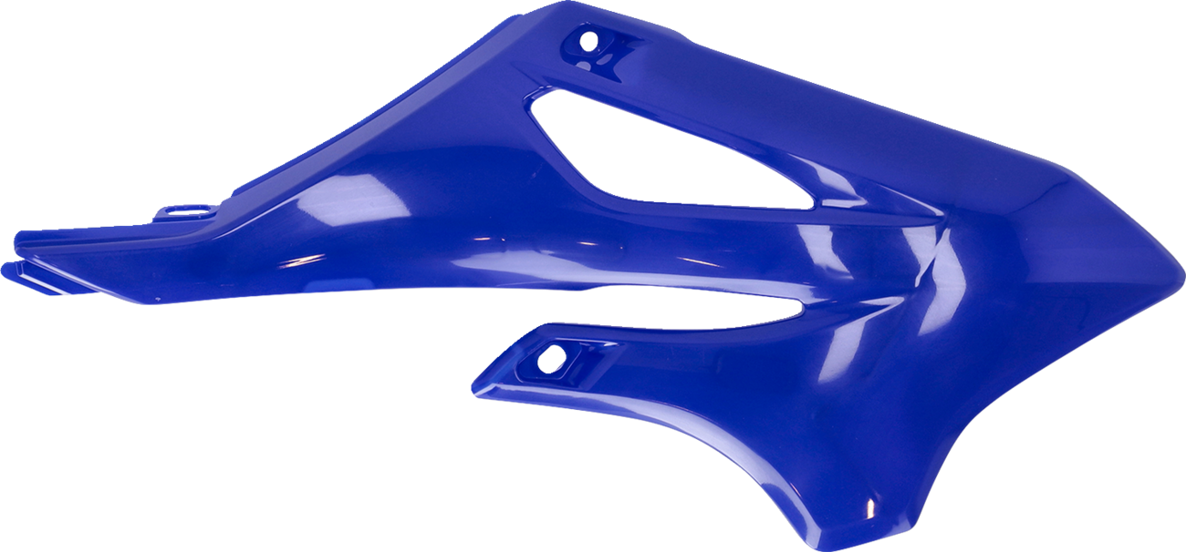 Blue ACERBIS radiator shrouds for motorcycle body, featuring sleek design and vibrant blue color.