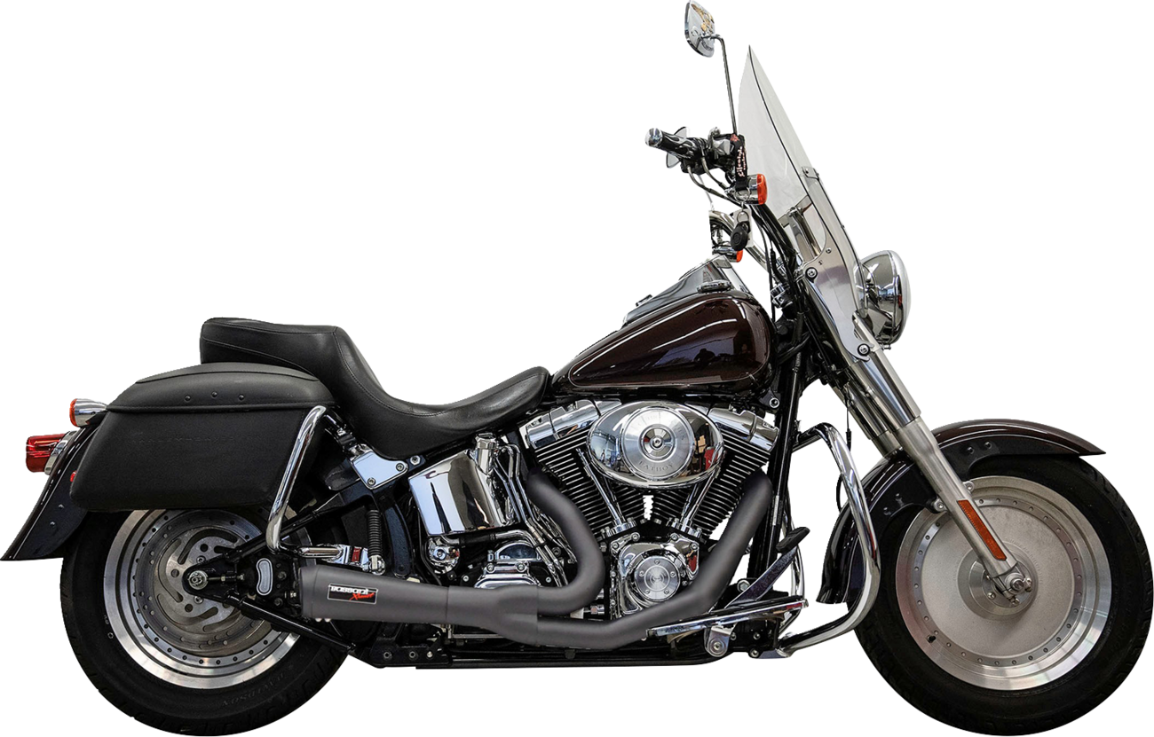 BASSANI XHAUST 2-into-1 Ripper exhaust system for Twin Cam Softails, short stainless steel motorcycle exhaust visible from the side.