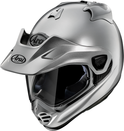 Silver ARAI XD-5 motorcycle helmet with aluminum finish, large size, featuring aerodynamic design and ventilation openings.