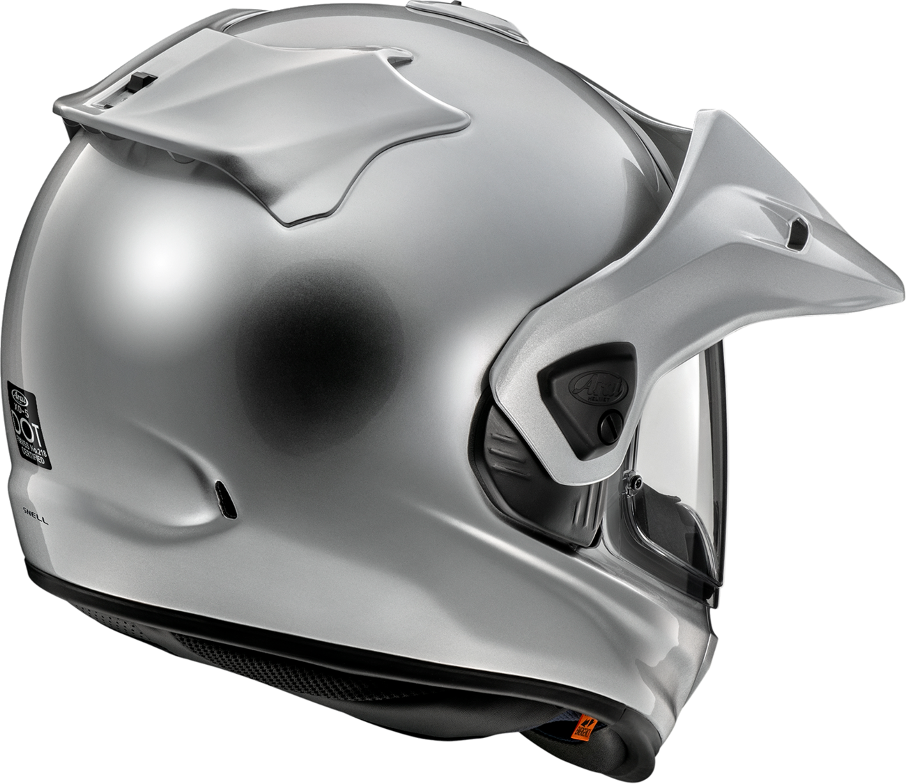 Silver ARAI XD-5 motorcycle helmet with large fit, featuring a sleek aluminum finish and aerodynamic design.