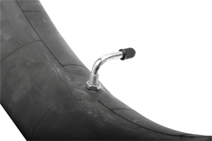 IRC T20009 10-inch TR-87 motorcycle inner tube with 90° metal valve, showing the valve and rubber tube for tire installation.