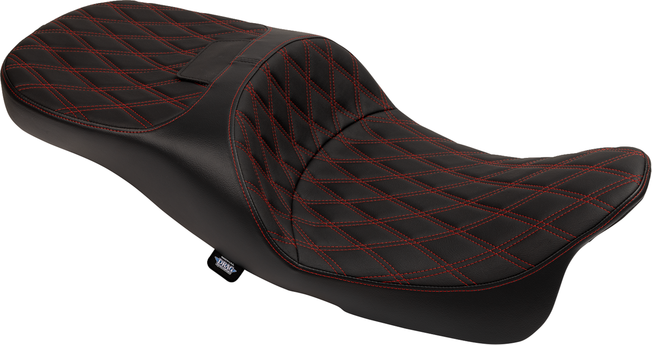 Drag Specialties extended reach Freedom seat with vinyl cover, double diamond pattern, and red stitches for FLT/FLH motorcycles.