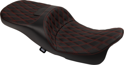Drag Specialties extended reach Freedom seat with vinyl cover, double diamond pattern, and red stitches for FLT/FLH motorcycles.
