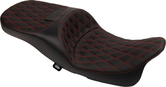 Drag Specialties extended reach Freedom seat with vinyl cover, double diamond pattern, and red stitches for FLT/FLH motorcycles.