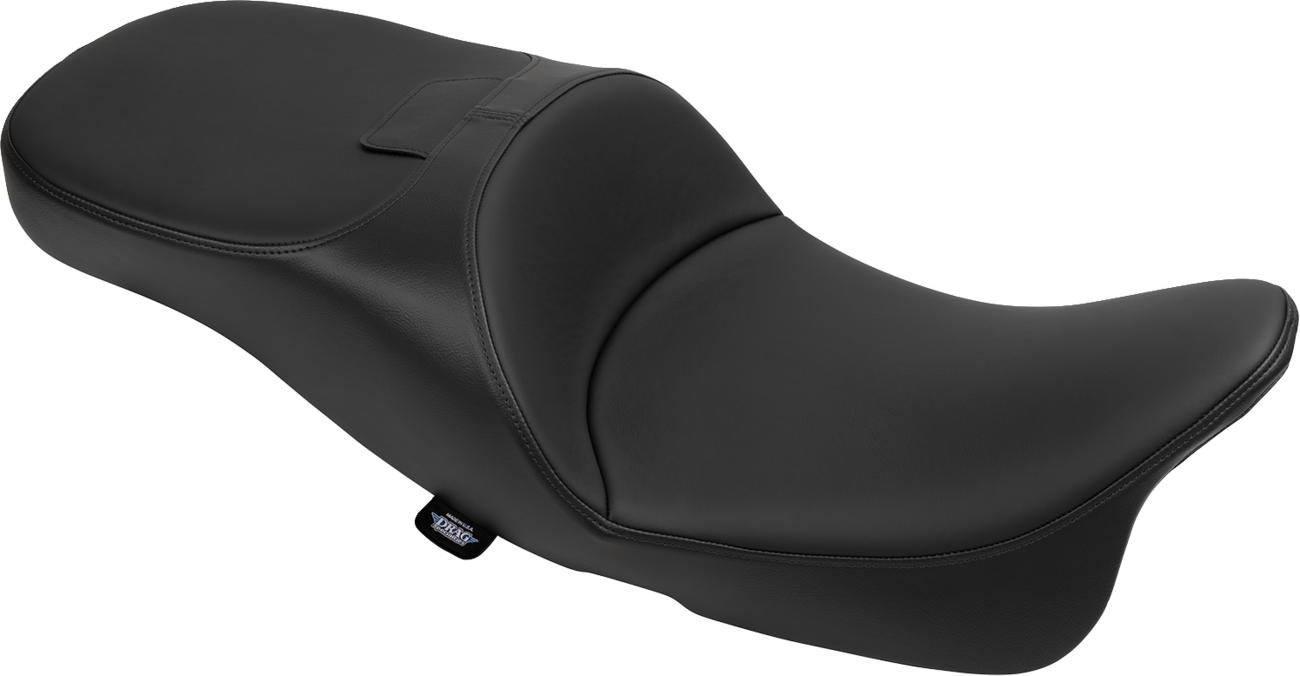 Drag Specialties extended reach Freedom seat for FLT/FLH motorcycles, solar leather and smooth vinyl upholstery.