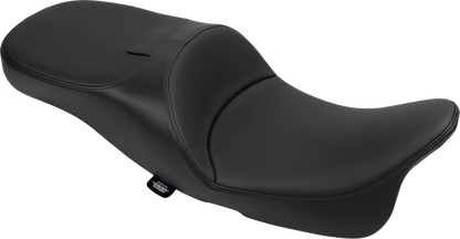 Drag Specialties extended reach Freedom seat for FLT/FLH motorcycles, solar leather and smooth vinyl upholstery.