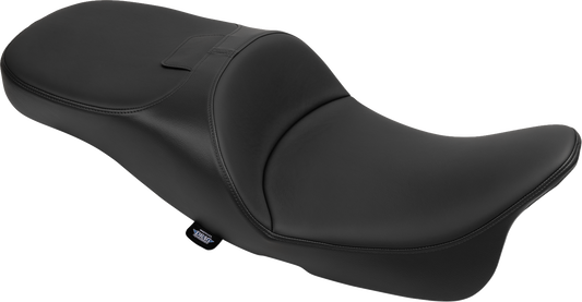 Drag Specialties extended reach Freedom seat for FLT/FLH motorcycles, solar leather and smooth vinyl upholstery.