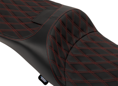 Drag Specialties extended reach Freedom seat with vinyl cover, red stitching, double diamond pattern for Harley FLT/FLH 2009-2025