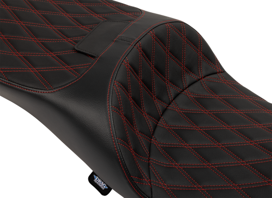 Drag Specialties extended reach Freedom seat with vinyl cover, red stitching, double diamond pattern for Harley FLT/FLH 2009-2025