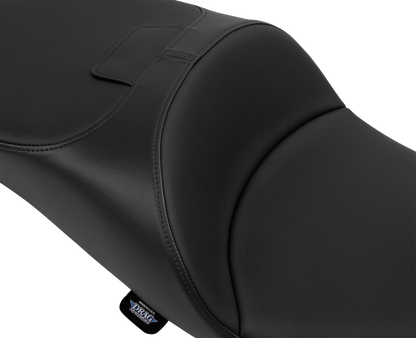 Extended reach Drag Specialties Freedom Seat for FLT/FLH motorcycles, featuring solar leather and smooth vinyl upholstery.