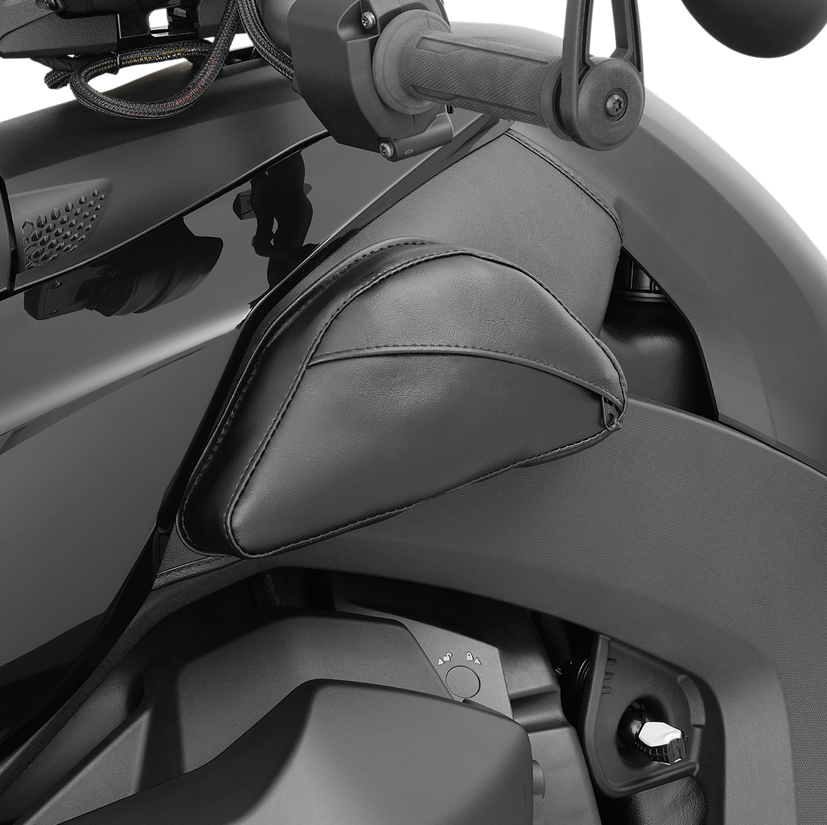 Bill's Exhausts SHOW CHROME dual-side tank pouches for Can-Am Ryker H40-401BK engine storage mounted on motorcycle.