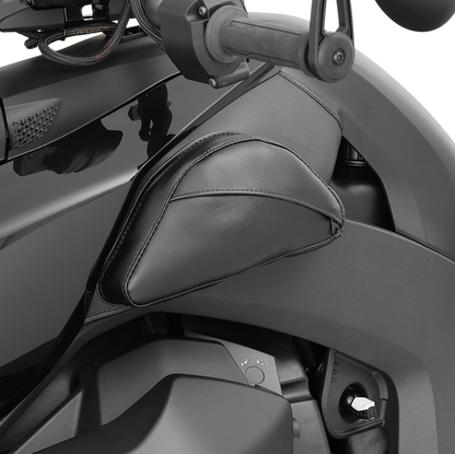 Bill's Exhausts SHOW CHROME dual-side tank pouches for Can-Am Ryker H40-401BK engine storage mounted on motorcycle.