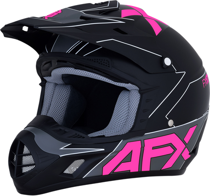 AFX FX-17 helmet by Bill's Exhausts in matte black and pink, XL size, showing the sleek, aerodynamic helmet design.