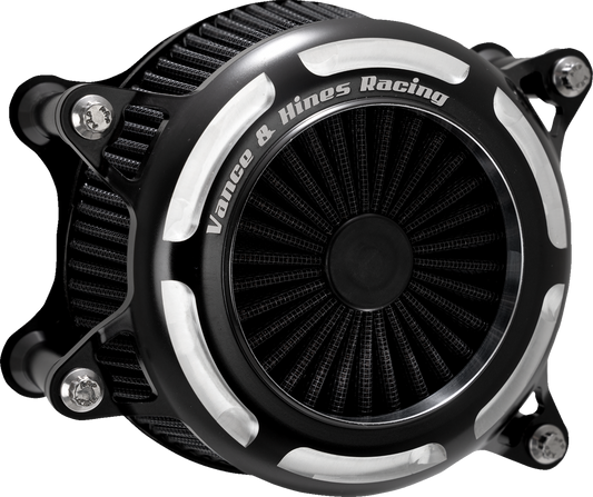 Vance & Hines V02 Onyx black air intake kit for motorcycles, showing the sleek black contrast air filter and intake tube.
