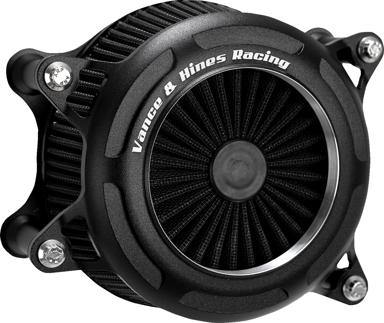 Vance & Hines V02 Onyx black air intake kit for motorcycles, featuring a sleek, aerodynamic design and branded airflow components.