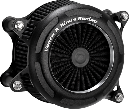 VANCE & HINES V02 Onyx black air intake kit for motorcycles, shown with sleek black finish and detailed components.