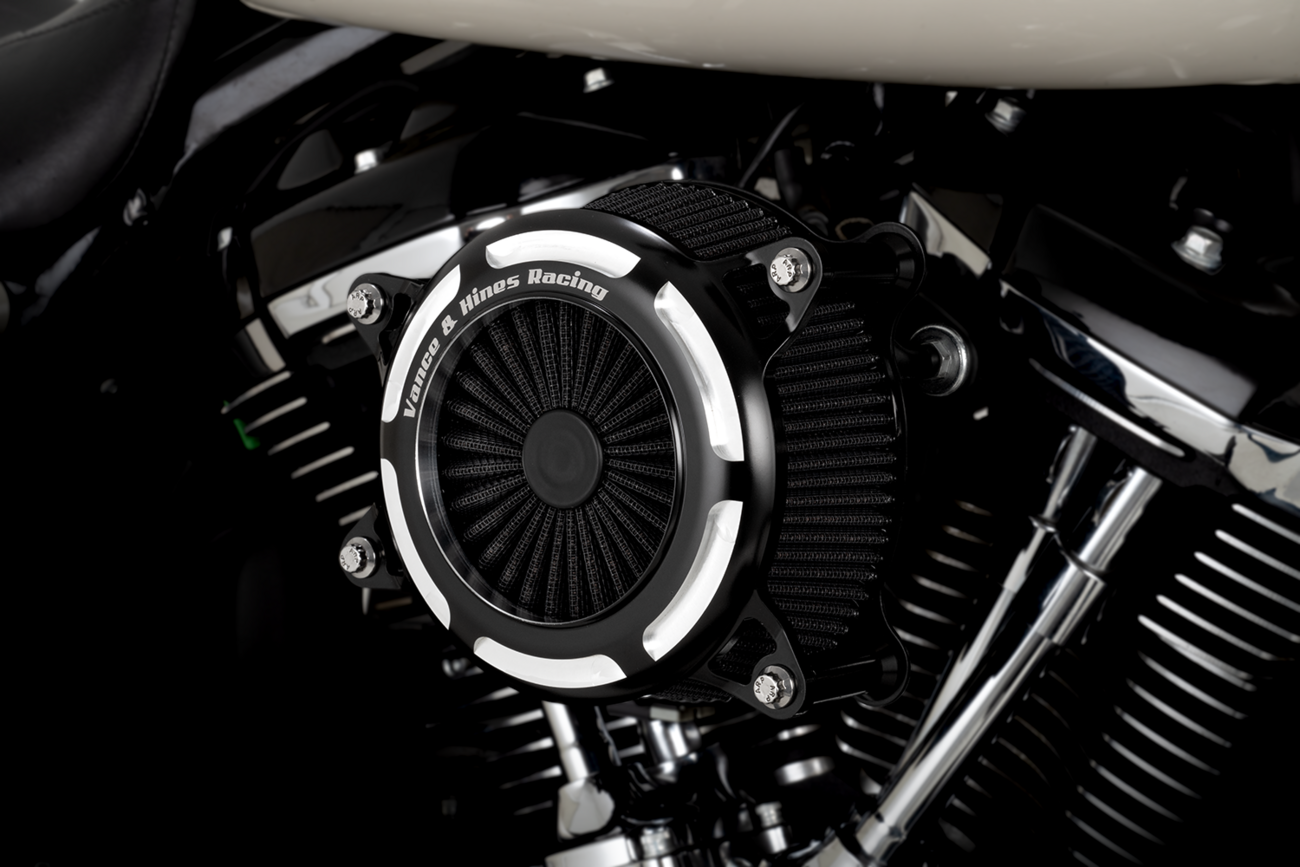 Vance & Hines V02 Onyx air intake kit in black for motorcycle, featuring sleek contrast design and branded components.