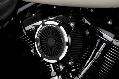 Vance & Hines V02 Onyx air intake kit in black for motorcycle, featuring sleek contrast design and branded components.