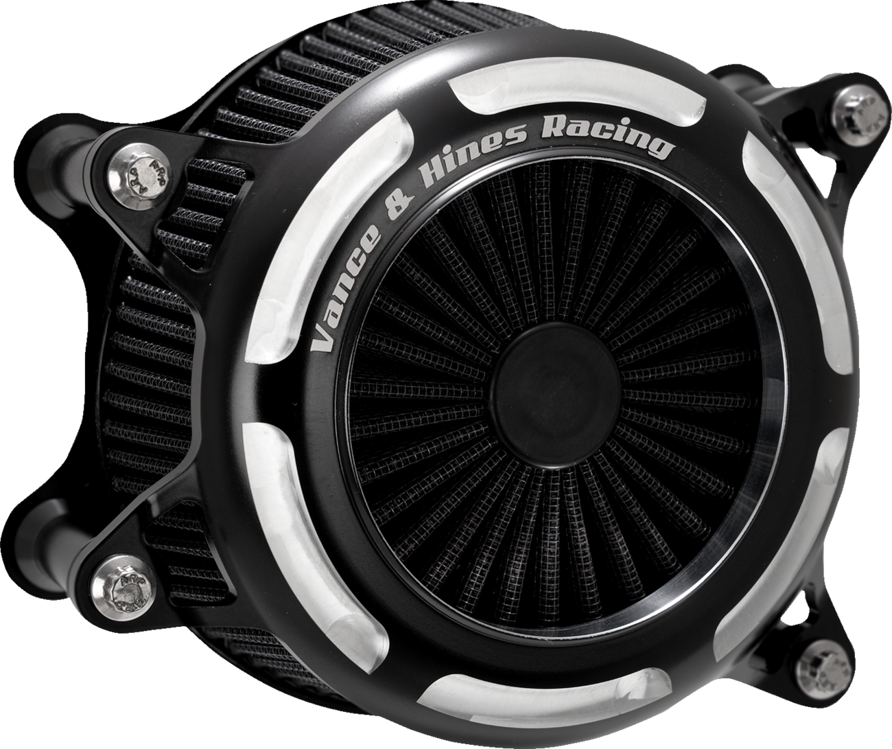 VANCE & HINES V02 Onyx air intake kit in black for motorcycle, shown with sleek black contrast finish and detailed air filter.