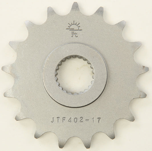 JT JTF402.17 steel front chain sprocket with 17 teeth for 520 chains, compatible with Aprilia, BMW, BRP, and Husqvarna bikes.