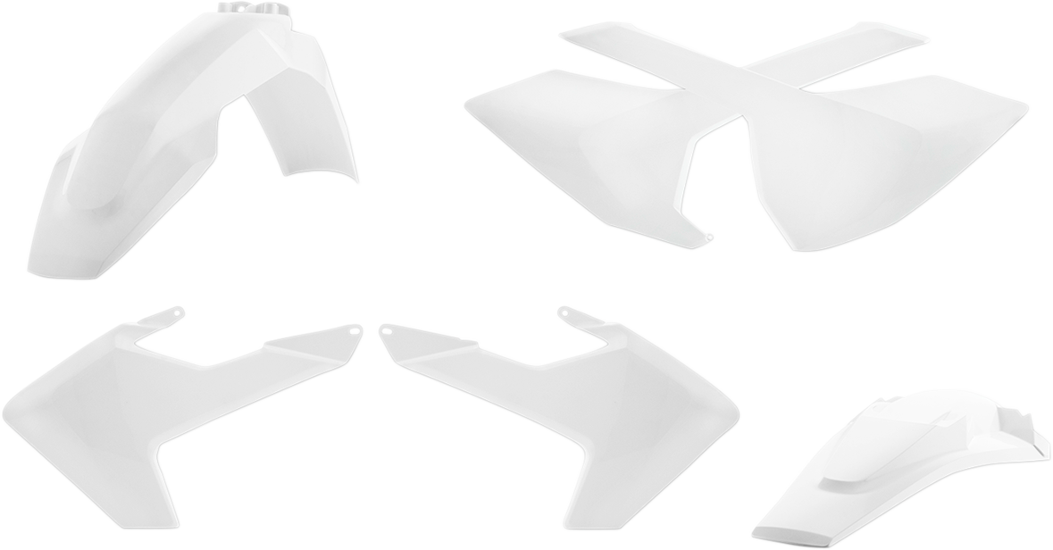 A white Acerbis standard replacement body kit for motorcycles, featuring sleek panels and a durable plastic construction.