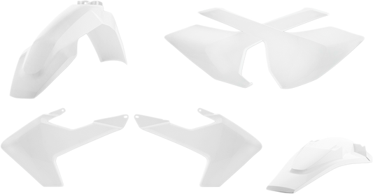 A white Acerbis standard replacement body kit for motorcycles, featuring sleek panels and a durable plastic construction.