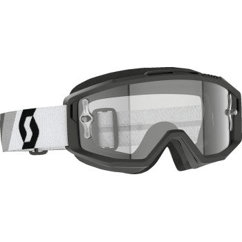 Scott OTG split goggles in black and white with clear lenses, designed for motorcycle or sports use.