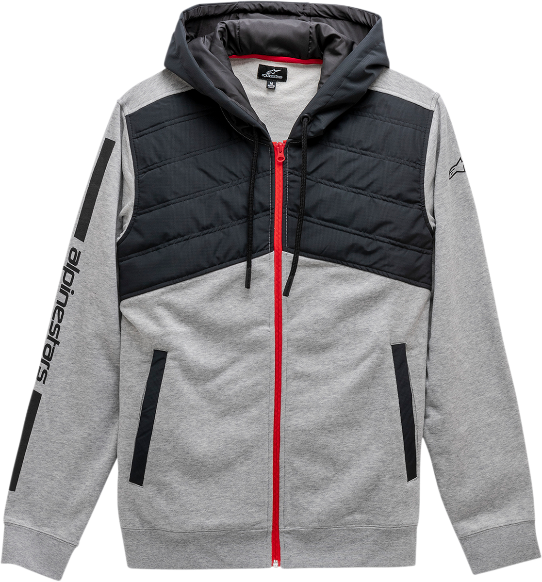 Alpinestars Alltime Hybrid Jacket in gray and black, large size, shown on a hanger with zipper and padded design.