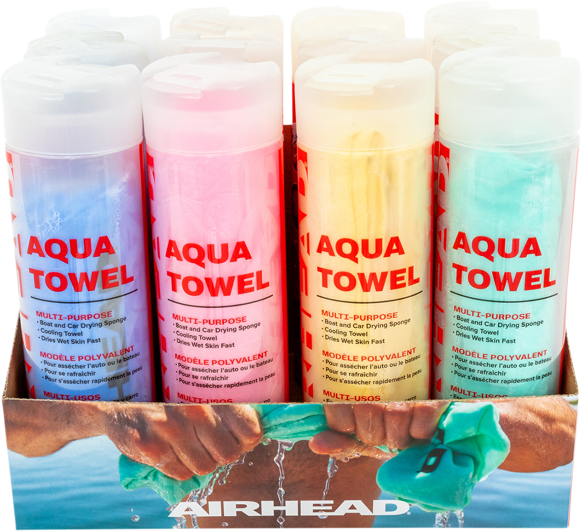 Assorted AIRHEAD SPORTS GROUP water absorbing towels in a 12-pack, lightweight and quick-drying, ideal for sports and outdoor activities.