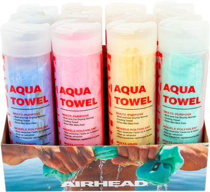 Assorted AIRHEAD SPORTS GROUP water absorbing towels in a 12-pack, lightweight and quick-drying, ideal for sports and outdoor activities.
