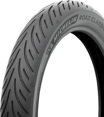 Michelin Road Classic front motorcycle tire 100/90-18 with 56V rating, featuring a durable rubber tread pattern.