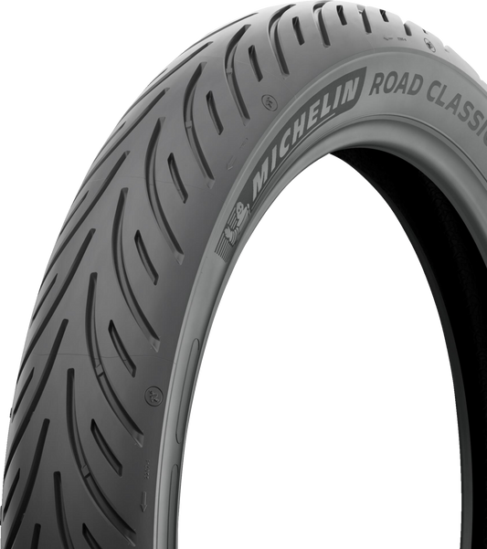 Michelin Road Classic front motorcycle tire 100/90-18 with 56V rating, featuring a durable rubber tread pattern.