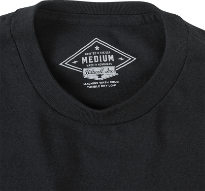 Black BILTWELL Damaged T-Shirt in Small, featuring a distressed design, made by Bill's Exhausts.