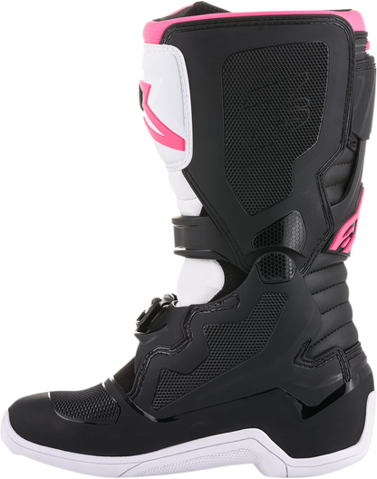 Alpinestars Stella Tech 3 motorcycle boots in black, white, and pink with US size 8, featuring protective design and sturdy construction.