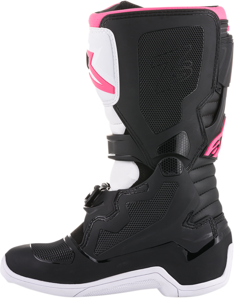 Alpinestars Stella Tech 3 motorcycle boots in black, white, and pink with US size 6, featuring protective design and sturdy construction.