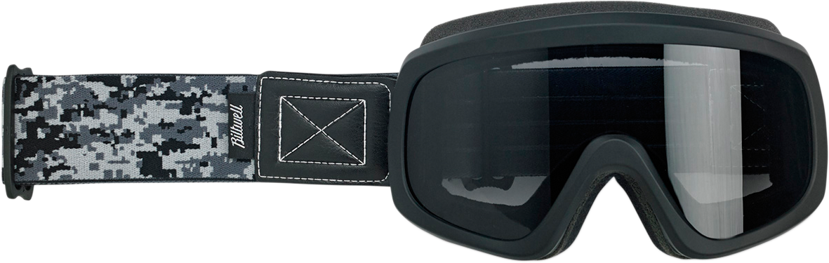 BILTWELL Overland 2.0 Goggles in black camo with clear lens, featuring a rugged design and adjustable strap for motorcycle riding.