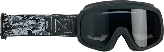 BILTWELL Overland 2.0 Goggles in black camo with clear lens, featuring a rugged design and adjustable strap for motorcycle riding.