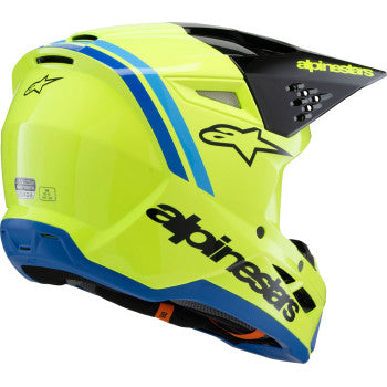Youth ALPINESTARS SM3 helmet in gloss yellow fluo with black and blue accents, large size, front view showing vibrant design.