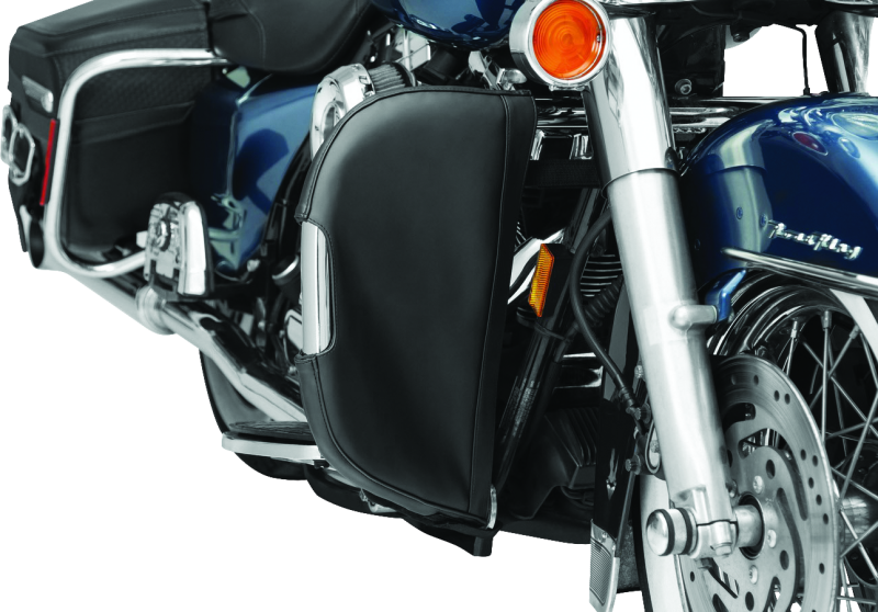 Kuryakyn Engine Guard Chaps for Harley Davidson 2008-2009, Model 5266, show black leather protectors mounted on motorcycle engine area.
