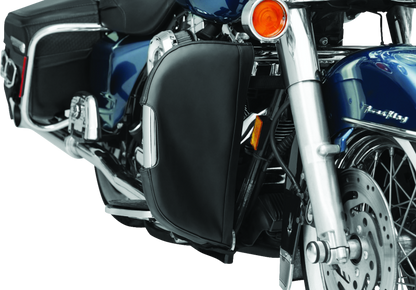 Kuryakyn Engine Guard Chaps for Harley Davidson 2008-2009, Model 5266, show black leather protectors mounted on motorcycle engine area.