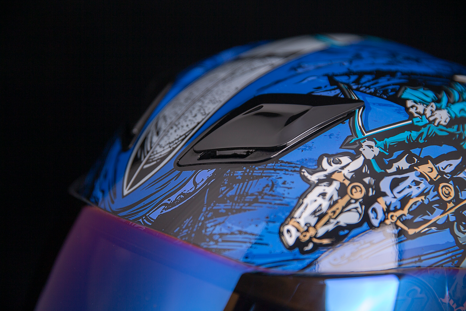 Blue ICON Airflite™ helmet with 4Horsemen design, large size, featuring aerodynamic shape and detailed graphics, by Bill's Exhausts.