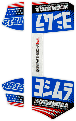 YOSHIMURA RS12 muffler decals in blue, high-performance motorcycle exhaust branding on a sleek, reflective surface.