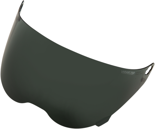 Dark smoke ICON Variant Pro™ optics shield for helmets, designed by Bill's Exhausts, with reflective dark tinted lens.
