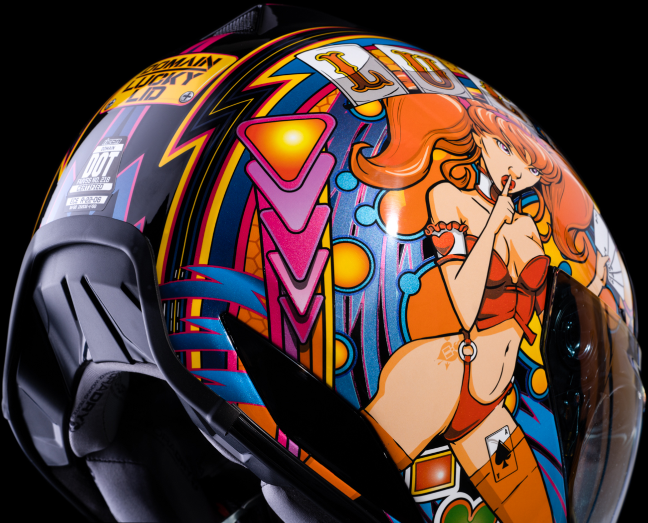 Red ICON Domain™ Lucky Lid 4 helmet in small size, featuring a sleek design and vibrant finish, ideal for motorcycle riders.